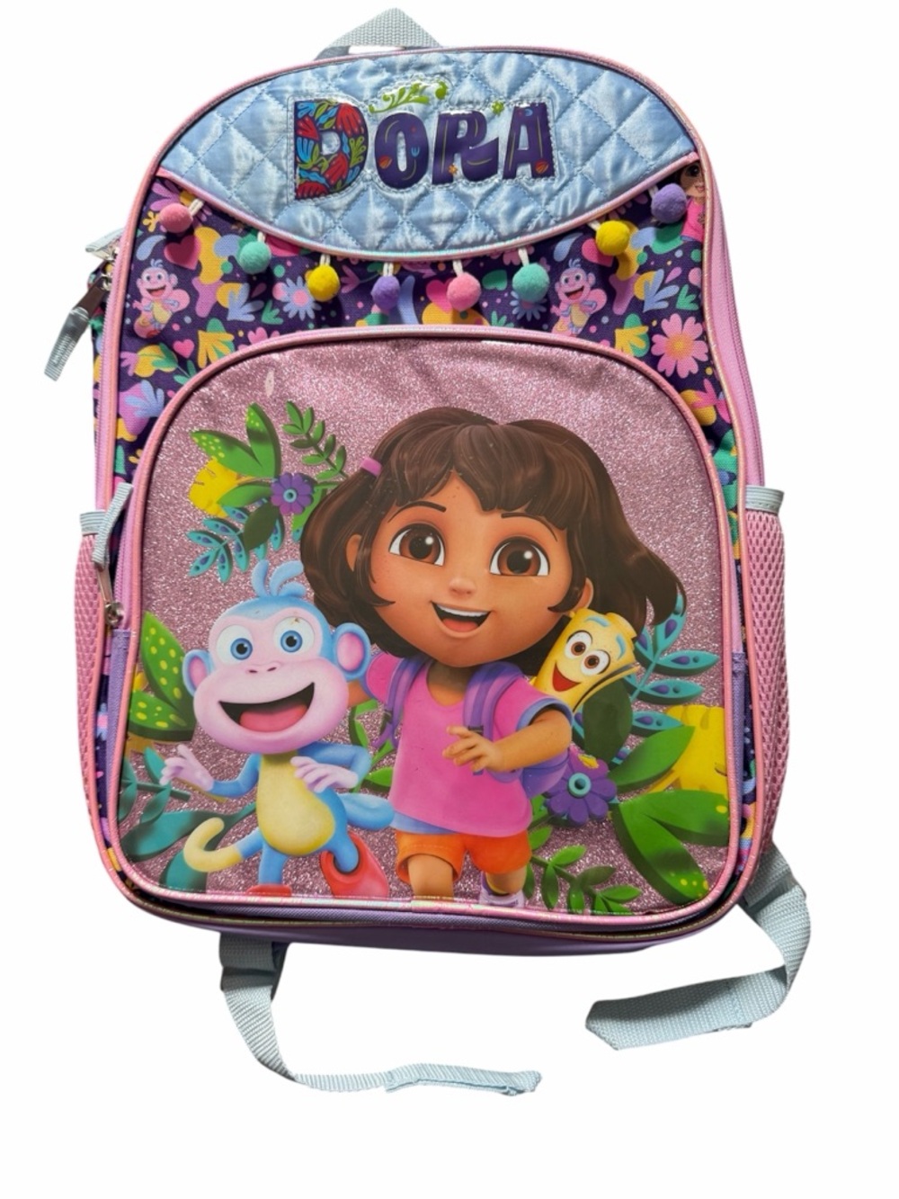 Dora Kids Backpack Purple Boots Map Explorer Water bottle Pockets 16” NWOT